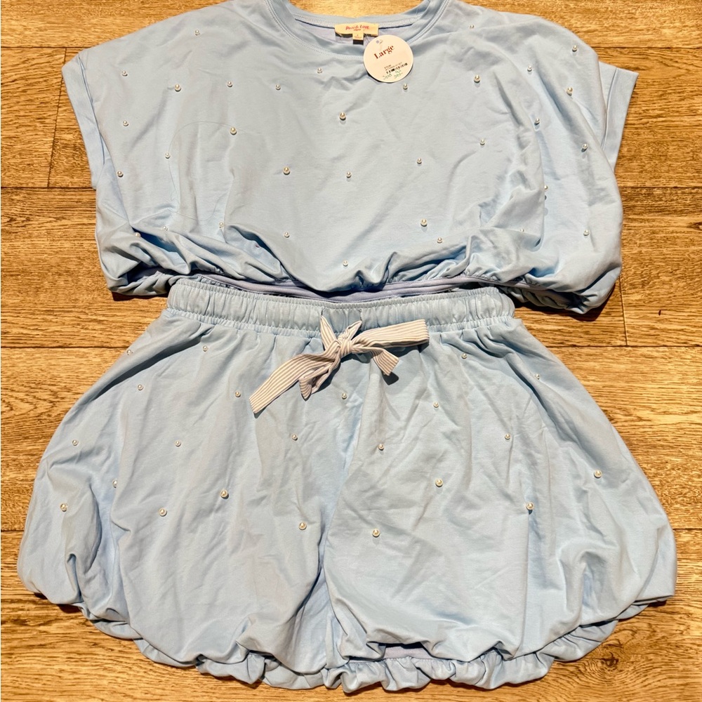 NWT Boutique Peach Love California Light Blue and Pearl Mini Skort Set